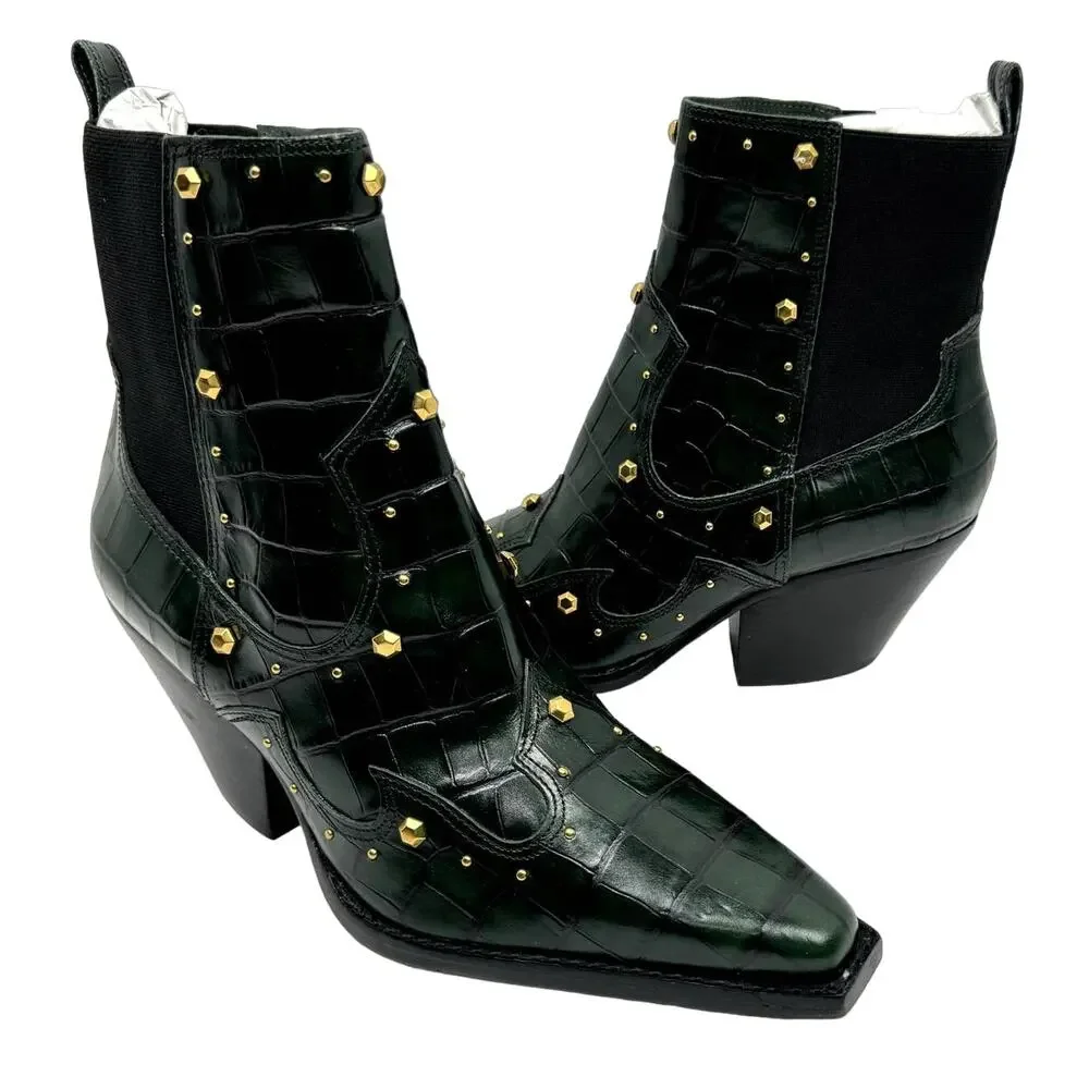 NEW Vince Camuto Norley Dark Green Crocodile Leather Gold Studded Ankle Booties